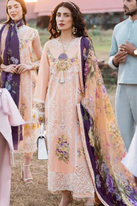 ZN711-SUMMER MUSHQ 3PC EMBROIDERED LAWN SUIT WITH PRINTED SILK DUPATTA